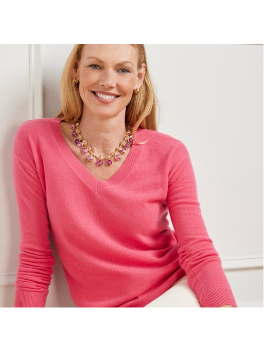 Talbots V-Neck 100% Pure Cashmere Sweater Size M Coral Pink